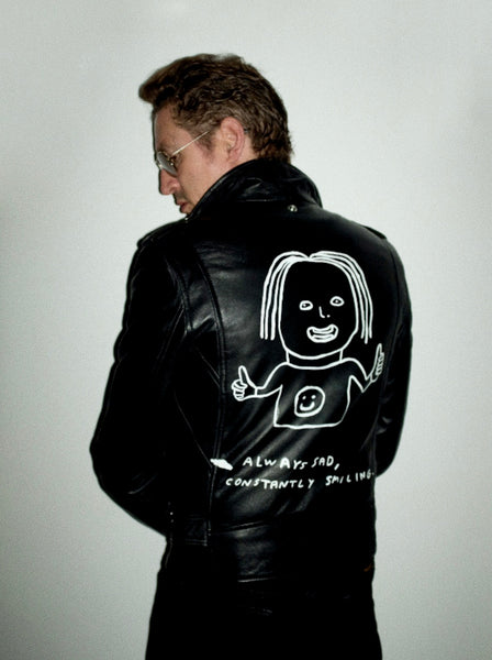 "ALWAYS SAD, CONSTANTLY SMILING" HANDPAINTED SCHOTT LEATHER JACKET by WASTED RITA