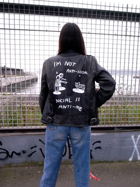 "I´M NOT ANTI SOCIAL" HANDPAINTED SCHOTT LEATHER JACKET by WASTED RITA
